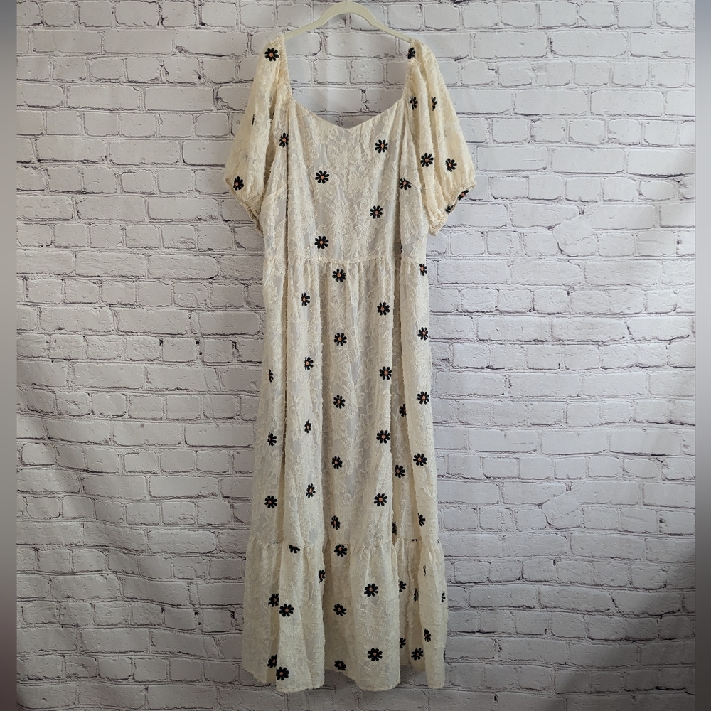 Shein Cream Lush Dress with Black & Orange Daisies